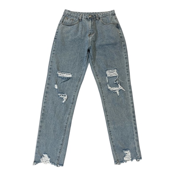 SHEIN Denim - SHEIN Light Blue Distressed High-Rise Straight Jeans medium